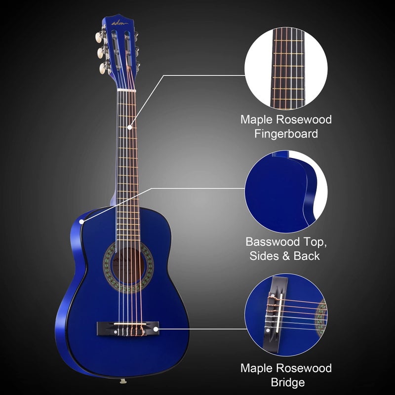 ADM Beginner Acoustic Classical Guitar 30 Inch Nylon Strings Wooden Guitar Bundle Kit for Kid Boy Girl Student Youth Guitarra Online Lessons with Gig Bag, Strap, Tuner, Extra Strings, Picks,Blue - Image 3